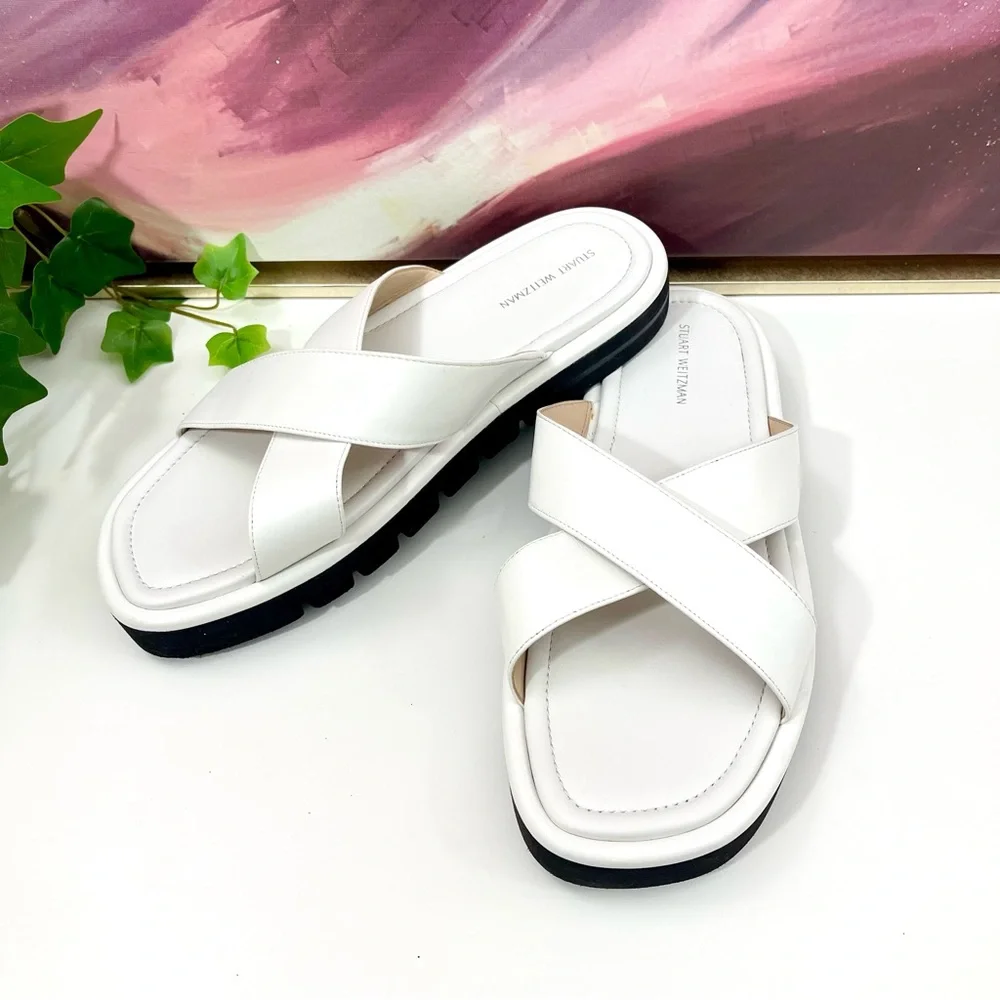 Stuart Weitzman Elodie Leather Slide Sandal in White‎ Size 10 B